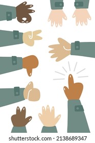 hand non verbal sign language set of cartoon style drawn human hands colorful vector elements isolated on white background