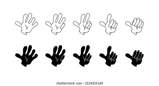Hand number cartoon style set. Finger counting palm symbol collection.
