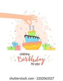 Hand with number Eleven for Birthday cake and holiday gift boxes, streamers, confetti on pink background. Happy Birthday To You. Illustration is for holiday, posters, cards, banners, clothing design