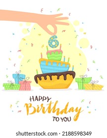 Hand with number Six for Birthday cake and holiday gift boxes, streamers, confetti on yellow background. Happy Birthday To You. Illustration for holiday, posters, cards, banners, clothing design