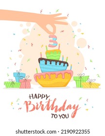 Hand with number Three for Birthday cake and holiday gift boxes, streamers, confetti on pink background. Happy Birthday To You. Illustration is for holiday, posters, cards, banners, clothing design