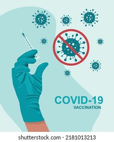 The hand of a nurse holds a vaccine against coronavirus. The concept of global vaccination against new covid stamps. Strengthening immunity with a vaccine.