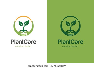 Hand Nurturing Plant Sprout Circular Care For Environment Company Logo Icon Design. hands holding a growing sprout concept logo template