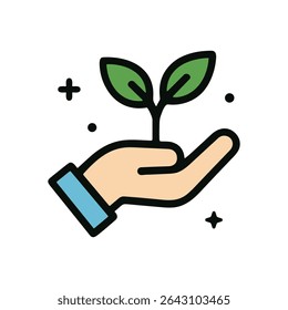 Hand nurturing vibrant plant with care. Icon symbol illustration