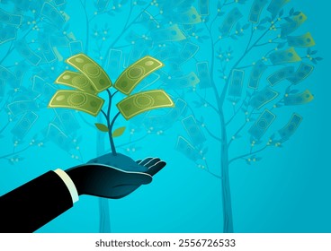 Hand nurturing a young money plant, set against a backdrop of flourishing money trees. Compound interest, financial growth, investment, wealth management, and sustainable success