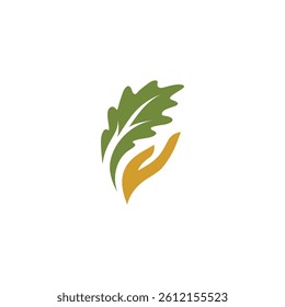 hand oak leaf logo, eco-friendly, businesses, educational, institutions, health, wellness, insurance, finance, woodworking.