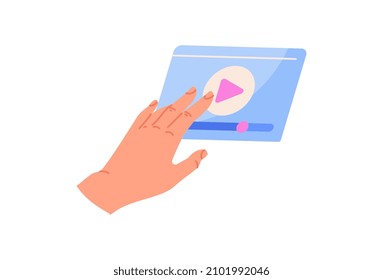 Hand with object concept. Beautiful female palm presses digital button and starts video or music. Design element for social networks. Cartoon flat vector illustration isolated on white background