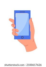 Hand with object concept. Colorful sticker with man palm holding smartphone. Modern technologies. Design element for social networks. Cartoon flat vector illustration isolated on white background