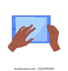 Hand with object concept. Colorful sticker with palms holding digital tablet. Modern technologies. Design element for social networks. Cartoon flat vector illustration isolated on white background