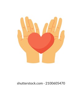 Manos con el concepto de objeto. Pegatina con dos palmas sosteniendo el corazón rojo. Caridad y donación. Elemento de diseño para imprimir en ropa. Dibujo vectorial plano de dibujos animados aislado en fondo blanco