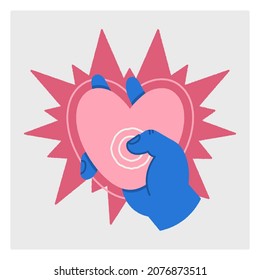 Сolorful hand with an object in it. Hot heart . The concept of falling in love. Flat ripped illustration. Vector isolated image