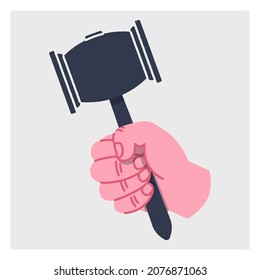 Сolorful hand with an object in it. The hand with the referee's gavel. The concept of justice. Flat ripped illustration. Vector isolated image