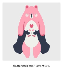 Сolorful hand with an object in it. Toy teddy bear. The concept of loving animals. The concept of elegant smoking . Flat ripped illustration. Vector isolated image