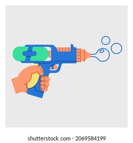 Сolorful hand with an object in it. Water toy gun . Weapons with soap bubbles. Flat ripped illustration. Vector isolated image
