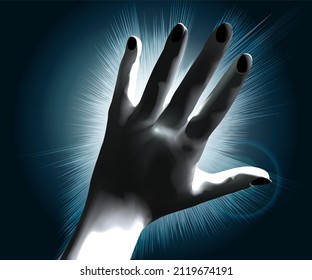 Mano, oscurece el flash. Halo. Rayos de luz. Ilustración vectorial.