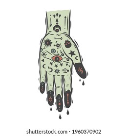  A hand with the occult signs. Can be used as a sketch of a tattoo.