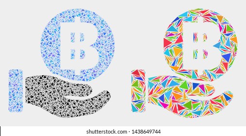 Hand offer bitcoin collage icon of triangle elements which have variable sizes and shapes and colors. Geometric abstract vector illustration of hand offer bitcoin.