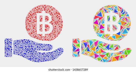 Hand offer bitcoin collage icon of triangle elements which have various sizes and shapes and colors. Geometric abstract vector design concept of hand offer bitcoin.
