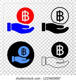 Hand offer bitcoin EPS vector pictograph with contour, black and colored versions. Illustration style is flat iconic symbol on chess transparent background.