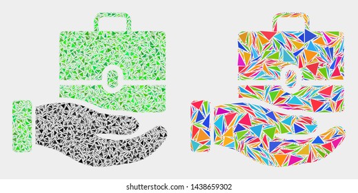 Hand offer case collage icon of triangle elements which have different sizes and shapes and colors. Geometric abstract vector illustration of hand offer case.