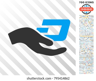 Hand Offer Dash icon with 7 hundred bonus bitcoin mining and blockchain icons. Vector illustration style is flat iconic symbols designed for blockchain apps.