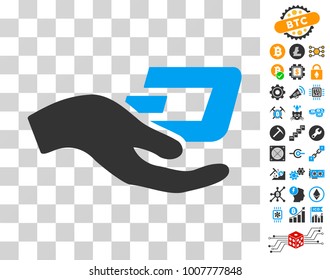 Hand Offer Dash icon with bonus bitcoin mining and blockchain images. Vector illustration style is flat iconic symbols. Designed for crypto currency ui toolbars.