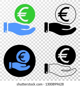 Hand offer euro coin EPS vector pictogram with contour, black and colored versions. Illustration style is flat iconic symbol on chess transparent background.