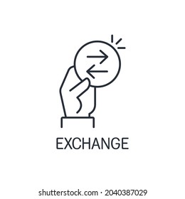 Hand with an offer of exchange. Profitable replacement. Vector linear icon isolated on white background.