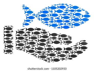 Hand offer fish vector concept. Abstraction is made from fish items in variable sizes. Fish signs are organized into hand offer fish design concept.