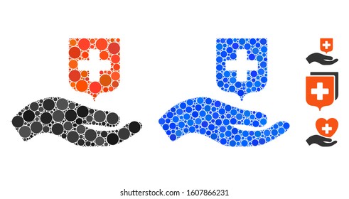 Hand offer medical shield composition of spheric dots in various sizes and shades, based on hand offer medical shield icon. Vector dots are combined into blue composition.