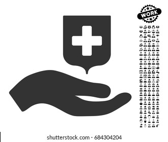 Hand Offer Medical Shield icon with black bonus people pictures. Hand Offer Medical Shield vector illustration style is a flat gray iconic symbol for web design, app user interfaces.