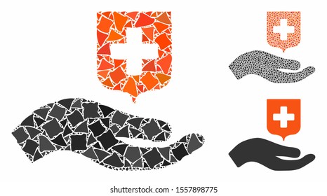 Hand offer medical shield mosaic of ragged parts in different sizes and color tones, based on hand offer medical shield icon. Vector trembly parts are composed into collage.