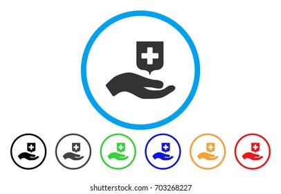 Hand Offer Medical Shield rounded icon. Vector illustration style is a flat iconic symbol inside a circle, with black, grey, green, blue, orange, red color versions.