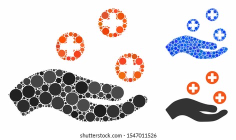 Hand offer medicine mosaic of circle elements in variable sizes and color tints, based on hand offer medicine icon. Vector round elements are composed into blue mosaic.
