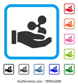 Hand Offer Ripple icon. Flat gray iconic symbol inside a blue rounded squared frame. Black, gray, green, blue, red, orange color variants of Hand Offer Ripple vector.