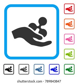 Hand Offer Ripple icon. Flat grey pictogram symbol in a blue rounded squared frame. Black, gray, green, blue, red, orange color additional versions of Hand Offer Ripple vector.