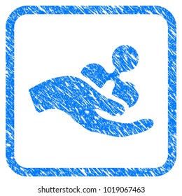Hand Offer Ripple rubber seal stamp imitation. Icon vector symbol with grunge design and unclean texture in rounded square frame. Scratched blue sign on a white background.