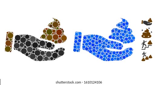 Hand offer shit composition of round dots in variable sizes and shades, based on hand offer shit icon. Vector round dots are united into blue composition.