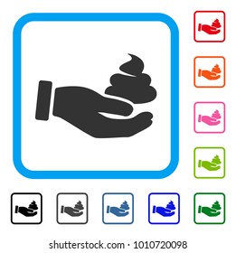 Hand Offer Shit icon. Flat grey iconic symbol inside a blue rounded rectangular frame. Black, grey, green, blue, red, orange color variants of hand offer shit vector.