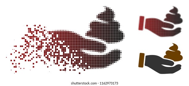 Hand offer shit icon in sparkle, dotted halftone and undamaged solid versions. Pieces are organized into vector disappearing hand offer shit icon.