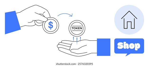 A hand offering a blue dollar coin and receiving a token coin in return. Blue house icon and shop text bubble. Ideal for e-commerce, cryptocurrency, digital transactions, online shopping, financial