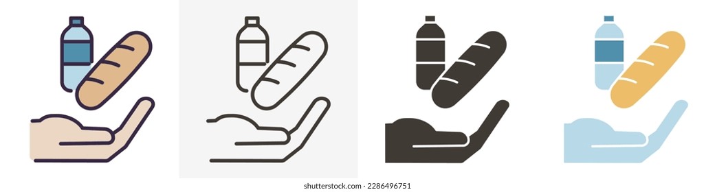 Hand offering bread and water icon. Vector graphic elements in different styles. World hunger and poverty donation. Helping those in need with basic necessities, food and groceries.