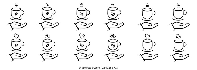 Hand Offering Coffee and Tea Cups Line Art Icon Set with Steam and Symbols. A comprehensive set of eight minimalist line art icons featuring hands offering or holding steaming hot beverage cups.