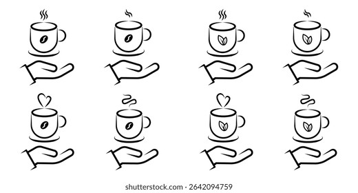Hand Offering Coffee and Tea Cups Line Art Icon Set with Steam and Symbols. A comprehensive set of eight minimalist line art icons featuring hands offering or holding steaming hot beverage cups.
