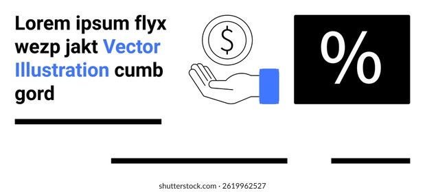 Hand offering a coin next to a percentage sign, symbolizing financial transactions, discounts, or interest rates. Ideal for finance, banking, ecommerce, sales, investment, marketing, and budgeting