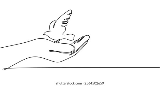 Hand offering a dove in continuous line drawing. Symbolizing peace, love, and the act of giving. Vector illustration one line art minimalist.