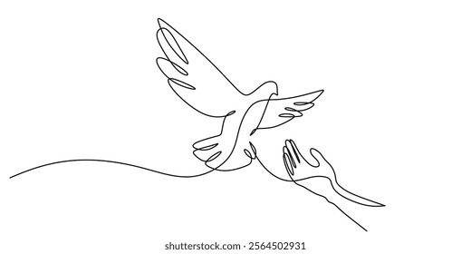 Hand offering a dove in continuous line drawing. A symbol of peace, love, and the act of extending goodwill. Vector illustration one line art minimalist.