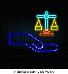 hand offering equality scales. neon style. Honesty Illustration. balance. neon. Scales of justice in hand.