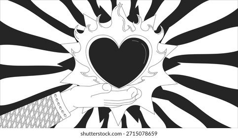 Mão oferecendo chamas coração com luz radiante lofi ilustração contorno. Simbolismo surreal. Y2K paixão groovy amor queimando raios 2D tinta linear plano lo fi desenho. Papel de parede estético da arte vetorial