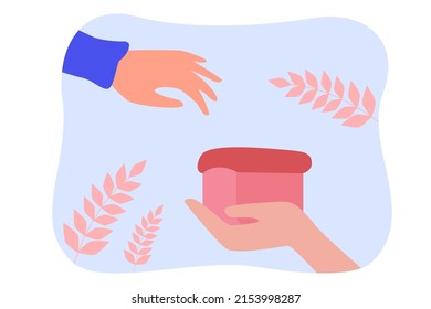 Hand offering fresh pink bread. Female hand holding homemade bread flat vector illustration. Baking or bakery, dessert concept for banner, website design or landing web page